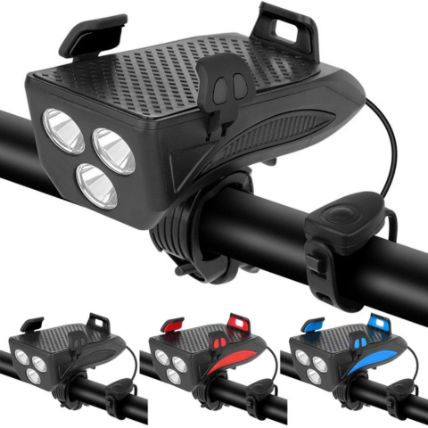 Lámpara de bicicleta multifuncional – Claxon y soporte para teléfono 